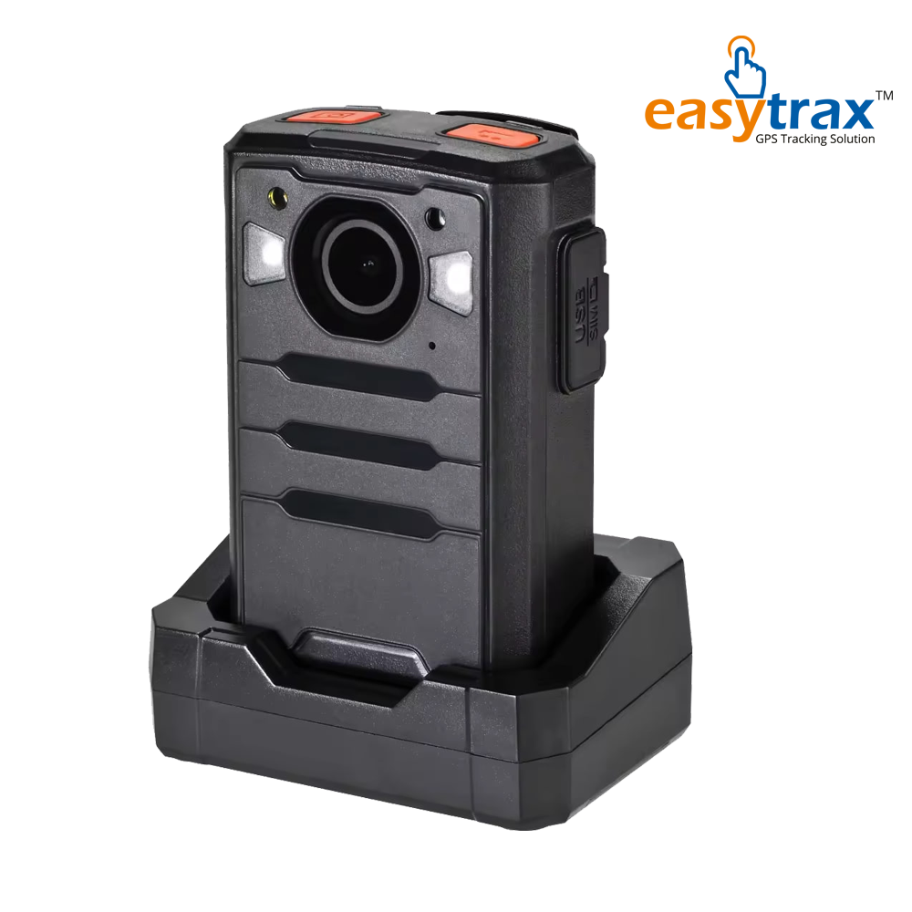 A black Easytrax Smart 4G Body Worn Camera (BTRC Approved) with top buttons rests on a charging dock. The easytrax GPS Tracking Solution logo appears in the top right, emphasizing its advanced body camera technology.