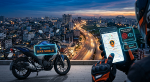 "A flowchart titled 'Using Motorcycle Security Features' showing the steps for Remote Engine Shutdown and Real-Time Geo-Fencing using the Easytrax app."