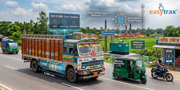 Easytrax DUT-E GSM fuel and fleet management system tracking live fuel level and GPS location for commercial trucks and smart factory generators.