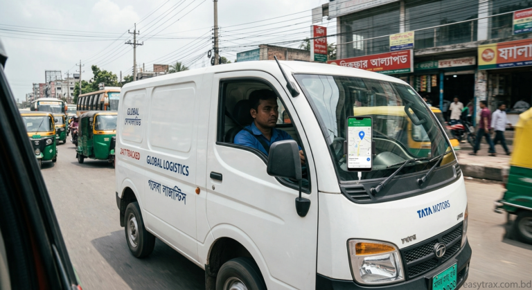 A white Tata Motors delivery van moves through a busy Bangladeshi street, its sides marked with 'GLOBAL LOGISTICS' and '24/7 TRACKED' in both English and Bengali. A smartphone is mounted on the windshield, displaying a map with a GPS location pin. The street is crowded with multiple green and yellow auto-rickshaws and other vehicles, with roadside shops featuring Bengali signboards and power lines in the background, all illustrating dynamic city life in Bangladesh.